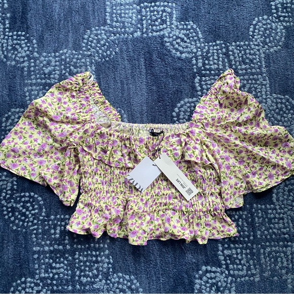 🌼 ZARA BOHO YELLOW PURPLE FLORAL RUFFLE BUTTERFLY SLEEVE CROP TOP! - Picture 5 of 11